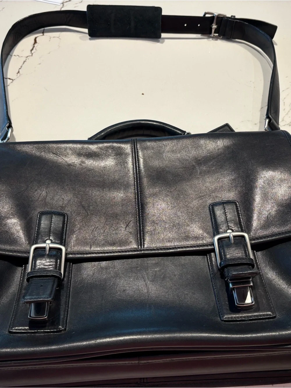 Coach Black Leather Briefcase Messenger with Buckle Accents